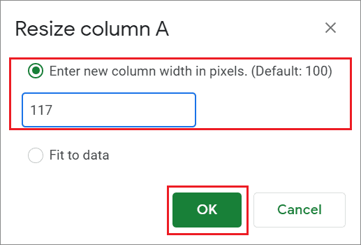 Enter the pixels and click OK for how to set column width in Google Sheets