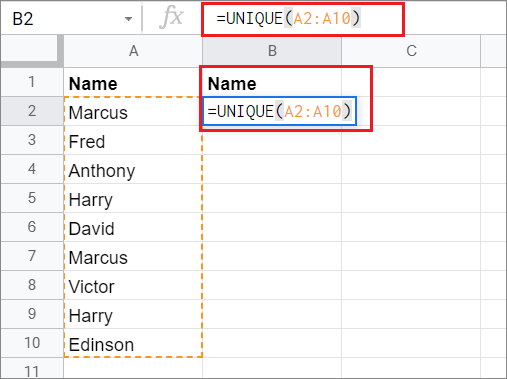 Enter the UNIQUE function