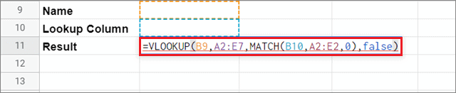 Enter the VLOOKUP function with the nested MATCH function