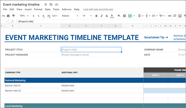 Event Marketing Timeline project management template google sheets