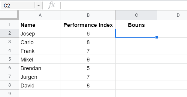 Example table for google sheets if statement