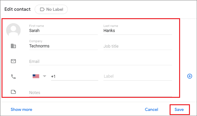 Edit Contacts In Gmail and click save