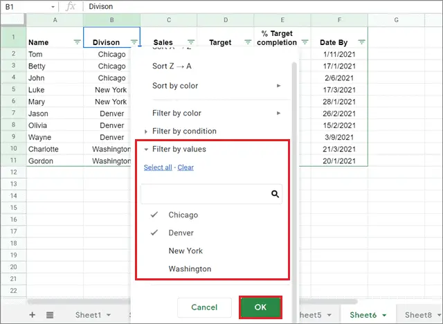 Filter in Google sheets by values