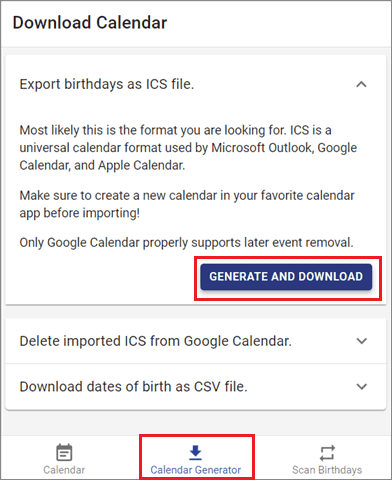 Generate and download the birthday calendar ICS file