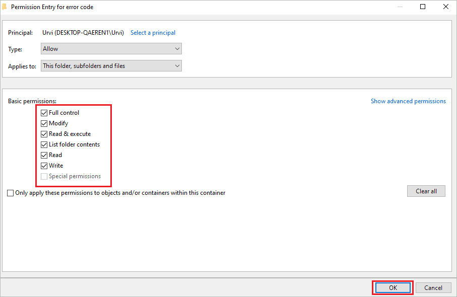 Give full control to your account to fix error 0x80004005