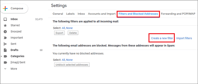 Click on Create a new filter in the Filters and Blocked Addresses tab