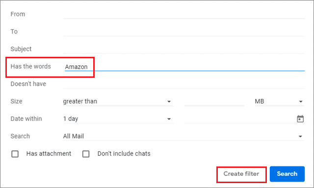 Fill the appropriate fields and click on Create filter