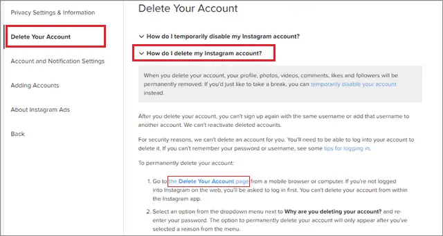 For how to delete instagram account go to delete your account page