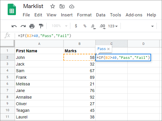 Enter the formula in the selected cell for google sheets fill down