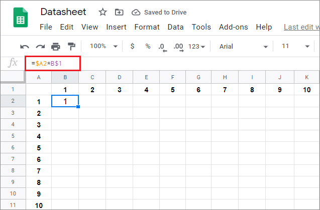 Enter the given formula and press the Enter key for google sheets fill down