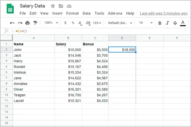 Drag the cursor down to fill the formula in all the required cells for google sheets fill down