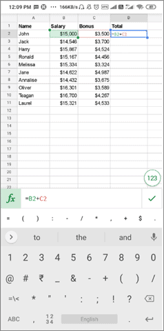 Enter the formula in the selected cell for google sheets fill down