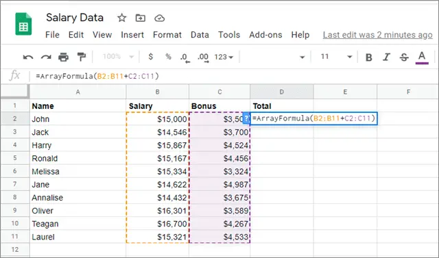 Enter the array formula in the selected cell for google sheets fill down
