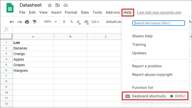 Select Keyboard shortcuts for google sheets spell check 
