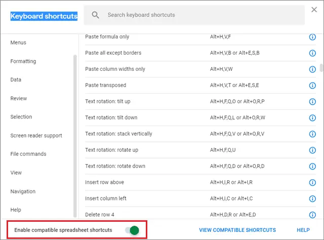 Enable compatible spreadsheet shortcuts