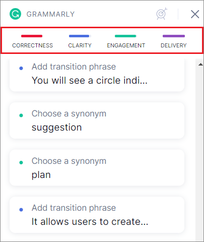 Use the Grammarly sidebar according to four parameters