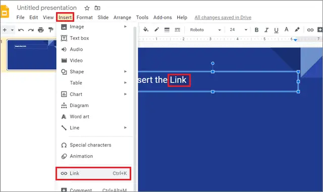 Click to insert the link to add audio to google slides