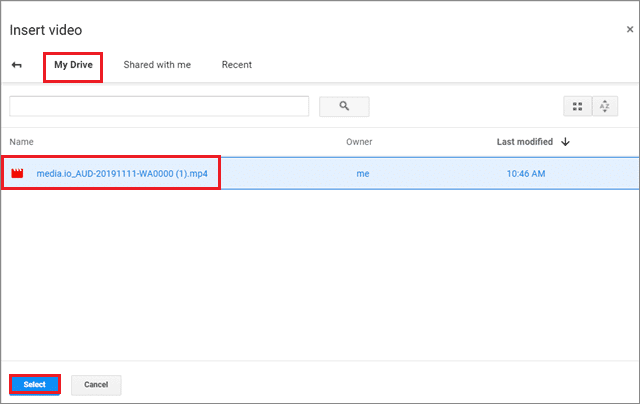 Click select to add audio to google slides