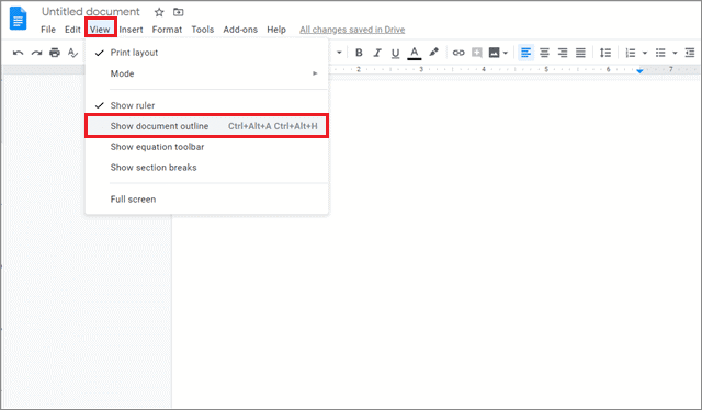 Select document outline for how to add outline in google docs