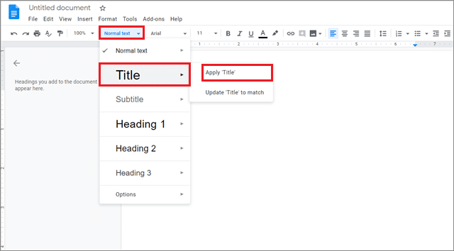 Click on Title for how to add outline in google docs