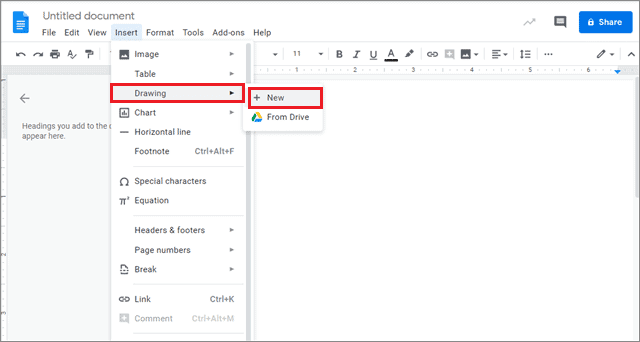 Click Insert and open Google Drawing to add videos to google docs