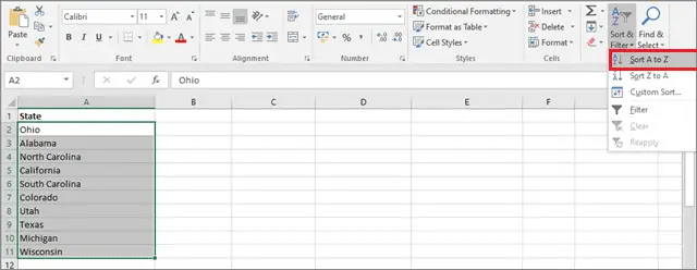 Select the type of sorting to alphabetize in excel