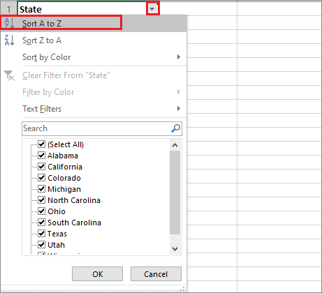 Select the sorting option for how to alphabetize in excel
