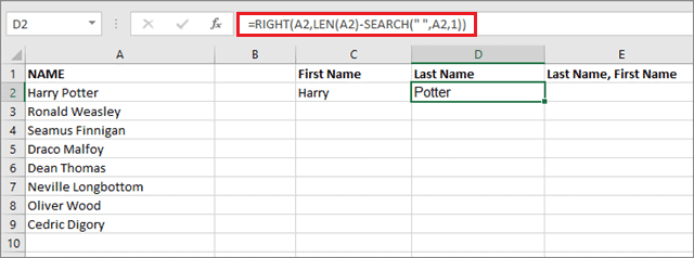 Extract the last name by entering the appropriate formula