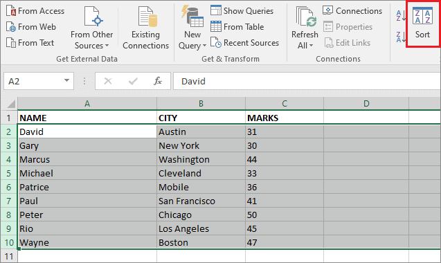 Select the table and click on Sort