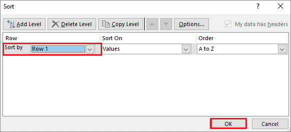 Select rows and click on OK how to alphabetize in excel