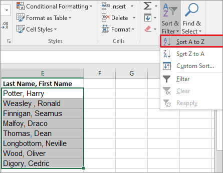 Select the sorting option on how to alphabetize in excel
