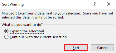 Select Expand the selection option and click on Sort