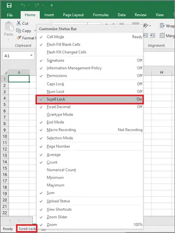 Right-click on the status bar and check the Scroll Lock option