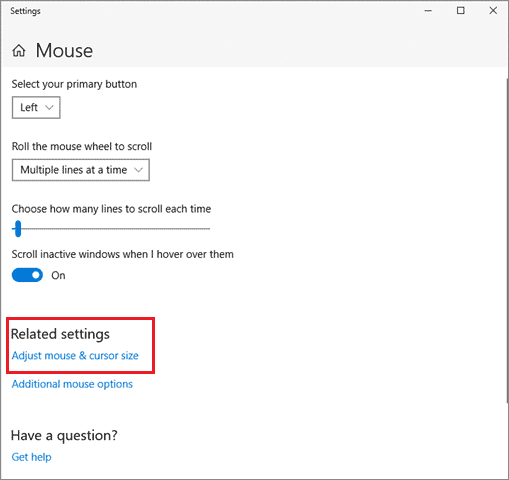 Open Adjust mouse and cursor size