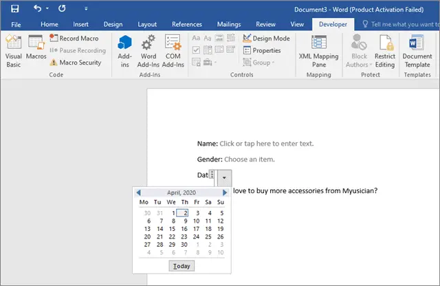 Select the date to create a fillable form in word