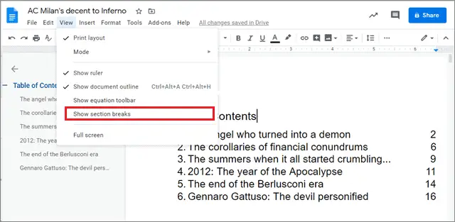 Click on View and select Show section breaks to have different headers in google docs