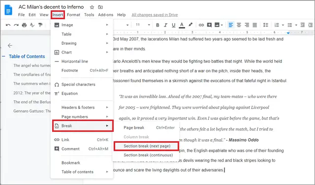 Add section break from the Insert menu to have different headers in google docs 3