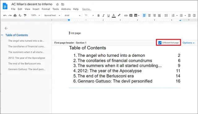 Select the different first page for how to have different headers in google docs 