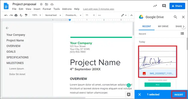 Select the image to insert signature in google docs 