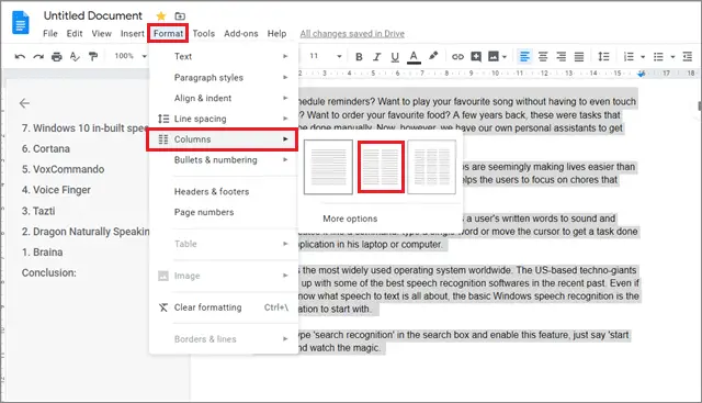 Select columns from Format menu to make columns in google docs