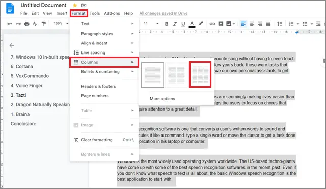 Create multiple-sized columns in google docs