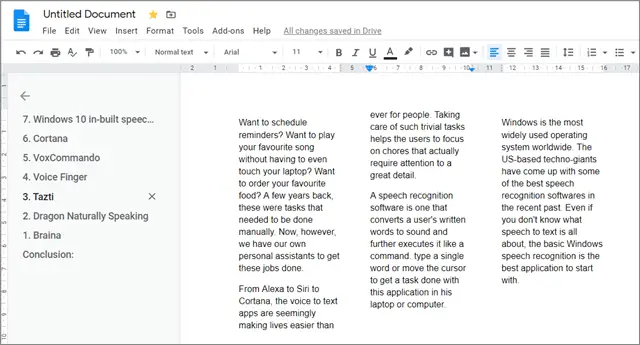 View the multiple-sized columns in google docs