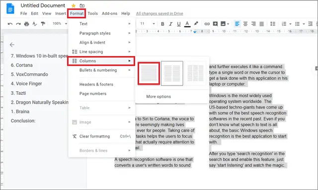 Select column option to make columns in google docs