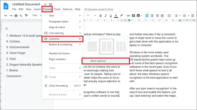 click on More options on how to make columns in google docs