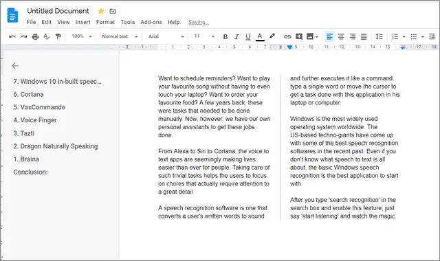 View the line to make columns in google docs