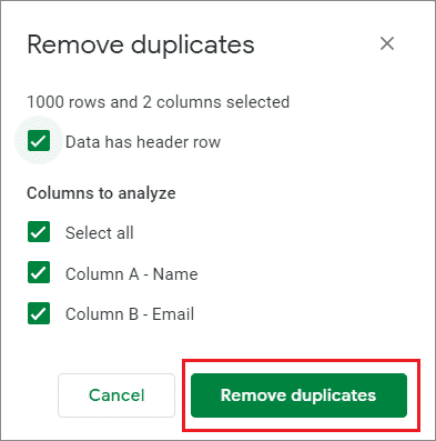 click on remove duplicates