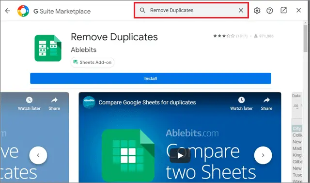 Search and install Remove Duplicates add-on