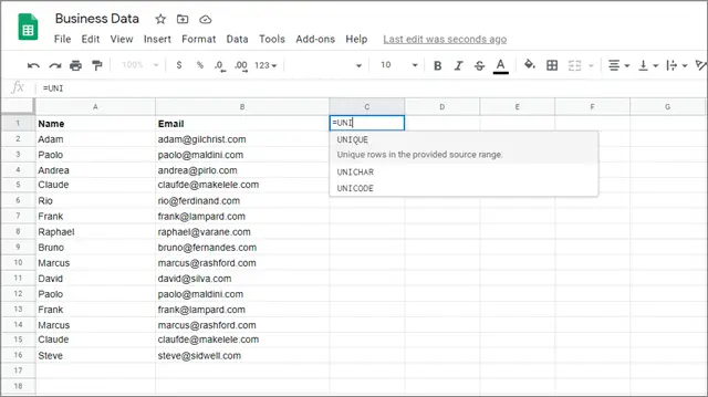 Enter UNIQUE formula to remove duplicates in google sheets