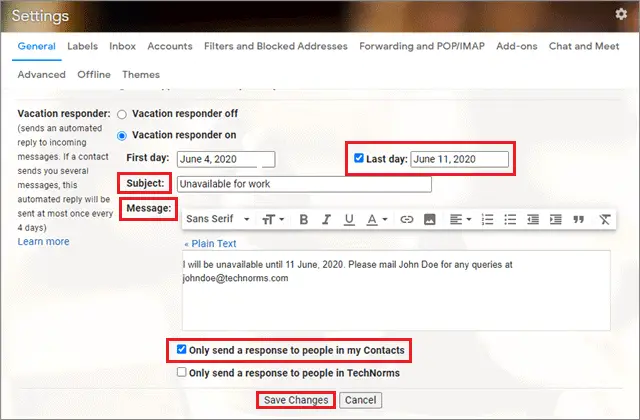 how to setup out of office in gmail