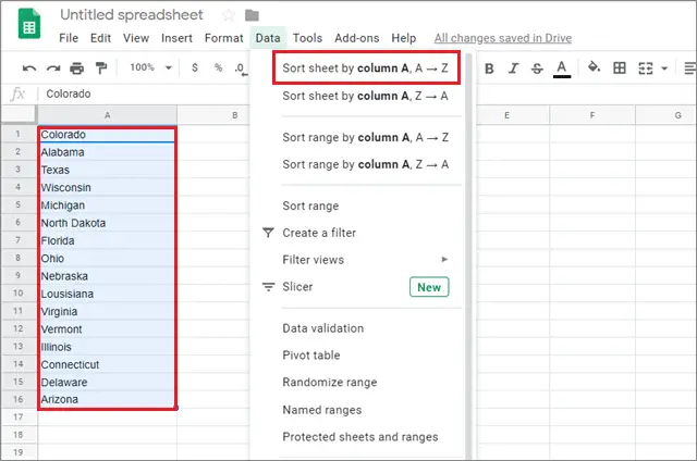 Select the data and choose google docs sort alphabetically